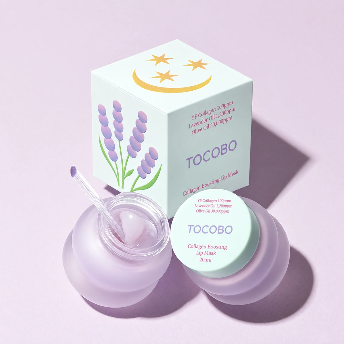 TOCOBO Collagen Boosting Lip Mask, máscara labial com colagénio, com caixa, boião aberto e boião fechado.
