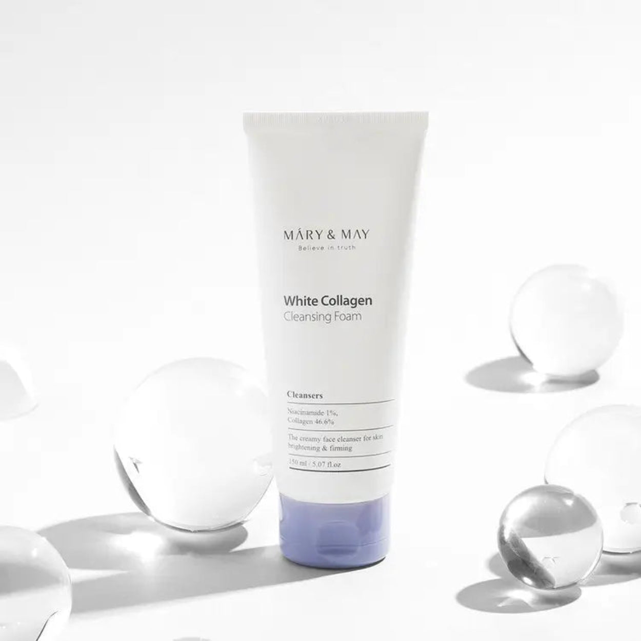 White Collagen Cleansing Foam da Mary & May – espuma de limpeza cremosa com 46,6% de colagénio e 1% de niacinamida, ideal para iluminar e reafirmar a pele. Remove impurezas e excesso de oleosidade sem ressecar, deixando a pele hidratada e radiante. Um essencial na tua rotina de skincare coreano para uma limpeza eficaz e delicada